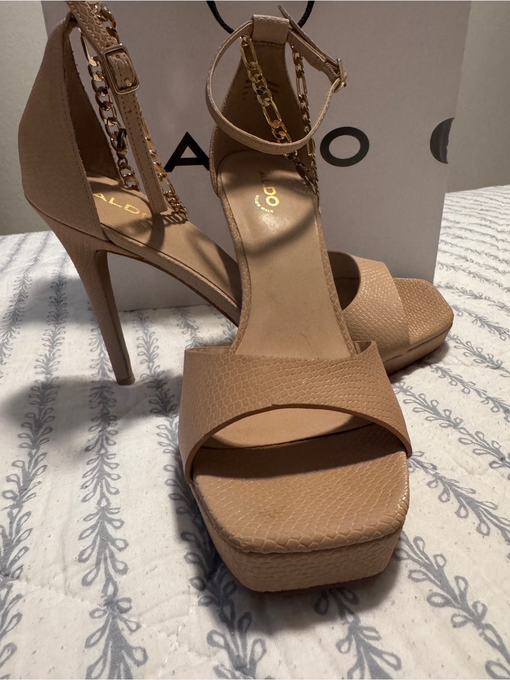 Aldo Beige Platform Ankle-Strap Heels with Gold Chain